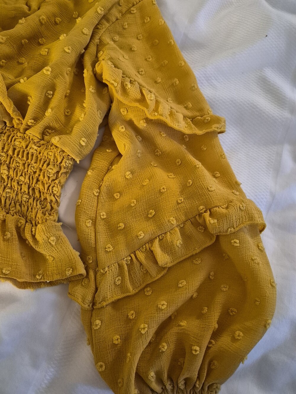 Chelsea & Violet Mustard Ruffle Swiss Dot Smocked Waist Blouse - Picture 3 of 7